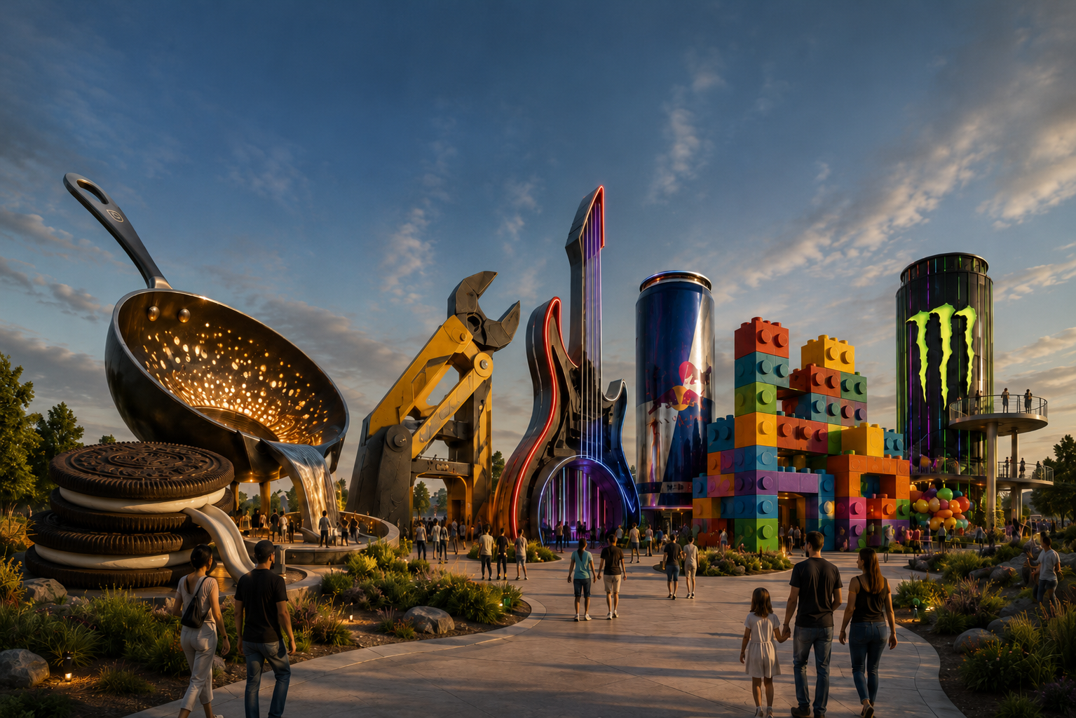 Destination-scale brand experience plaza with monumental product-inspired attractions, visitors, and interactive public spaces by Michael Herold Studio.